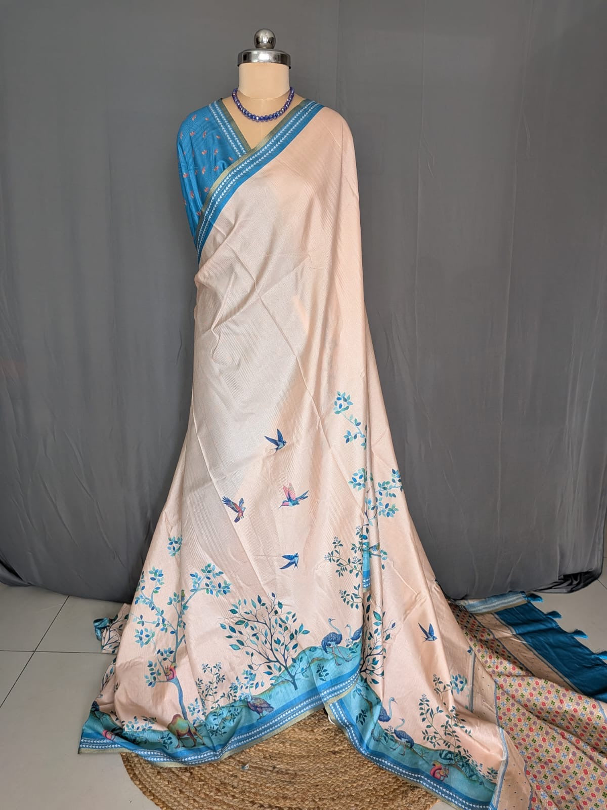 Peach & Blue Printed Saree