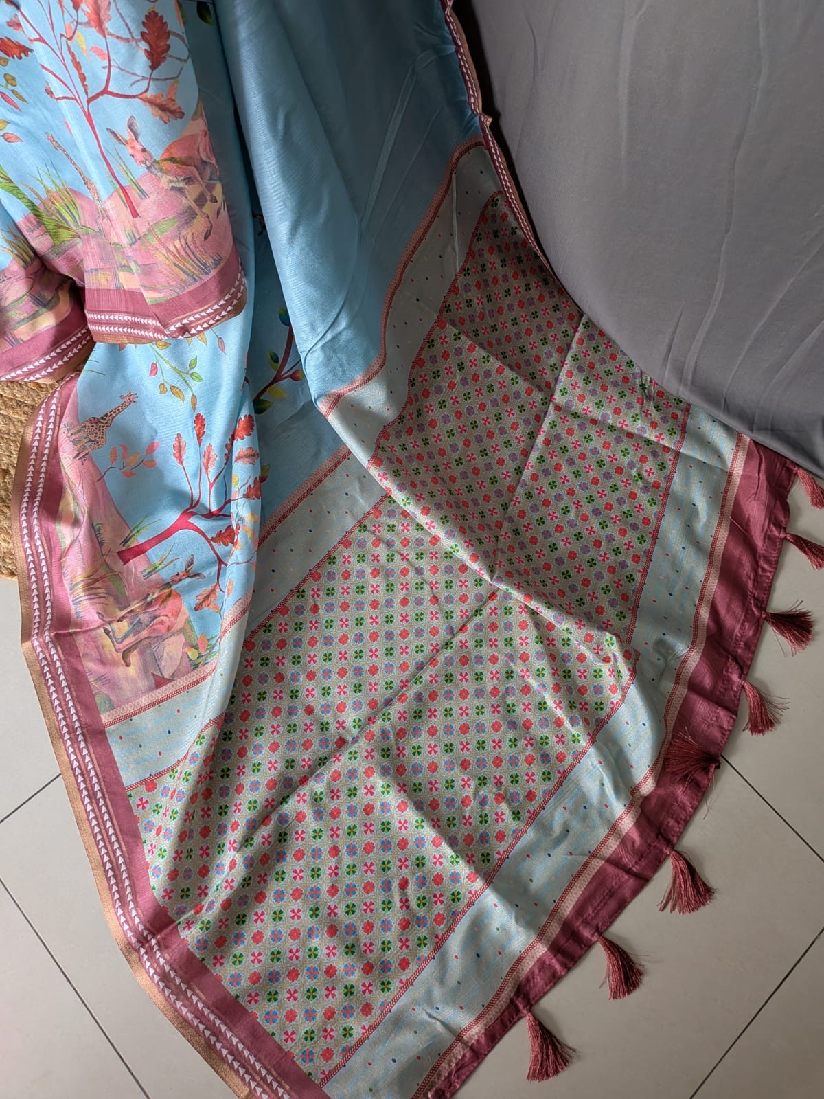 Sky Blue Floral & Bird Print Silk Saree