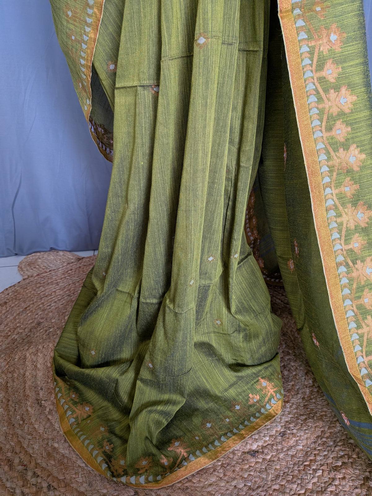 Olive Green Floral Linen Cotton Saree