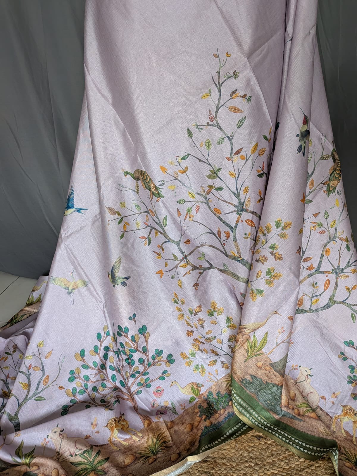 Lavender Green Floral & Bird Print Silk Saree
