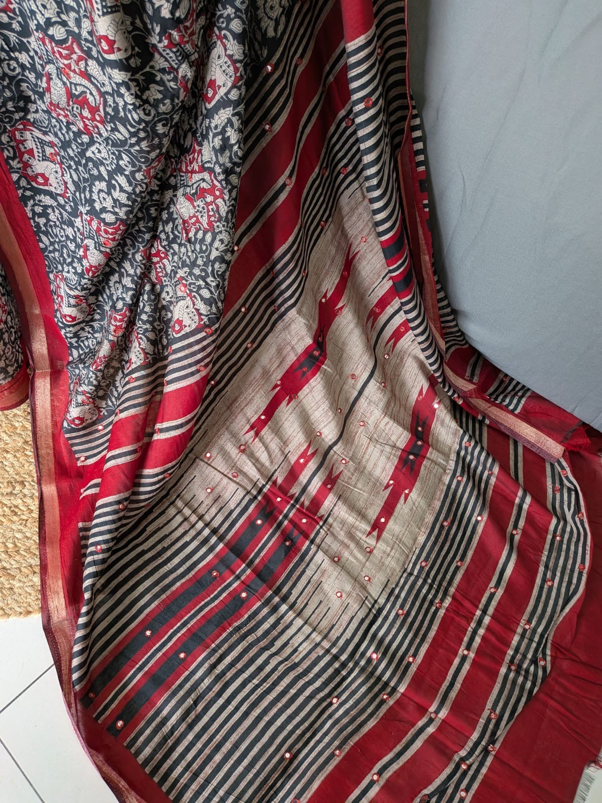 Black & Red Kalamkari Printed Mirror Saree