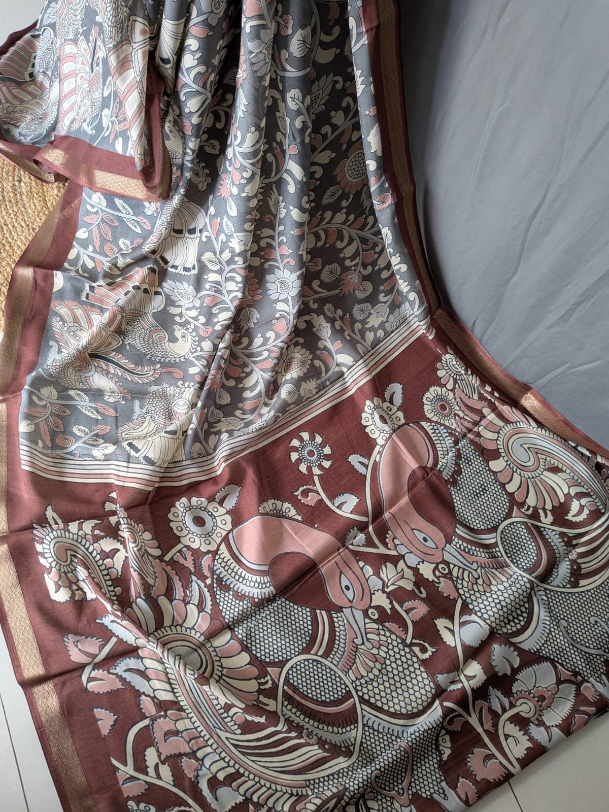 Grey & Maroon Kalamkari Saree
