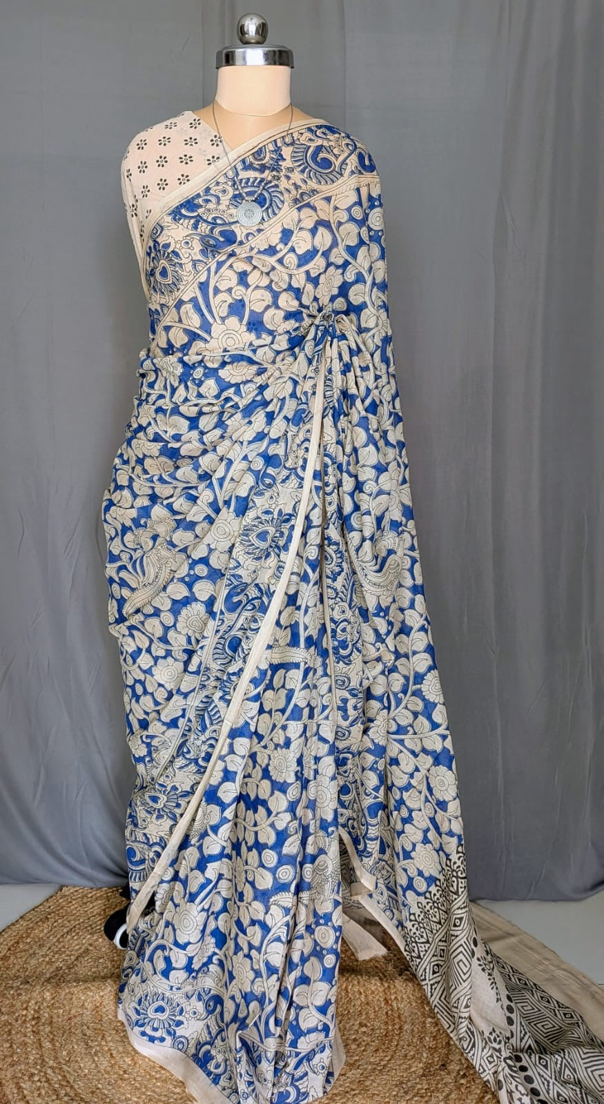 Royal Blue & Beige Kalamkari Printed Saree
