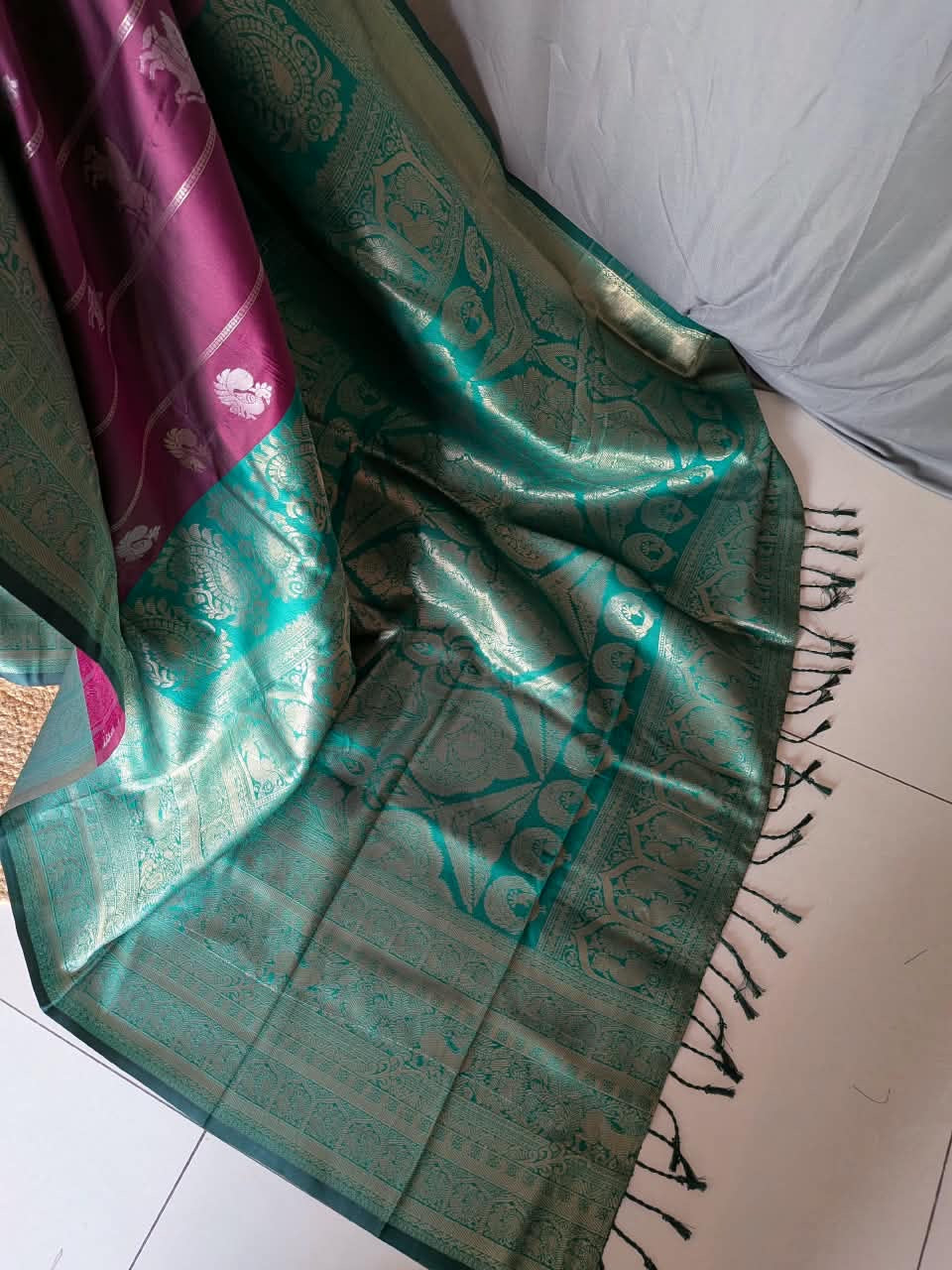 Teal & Wine Zari Silk Saree