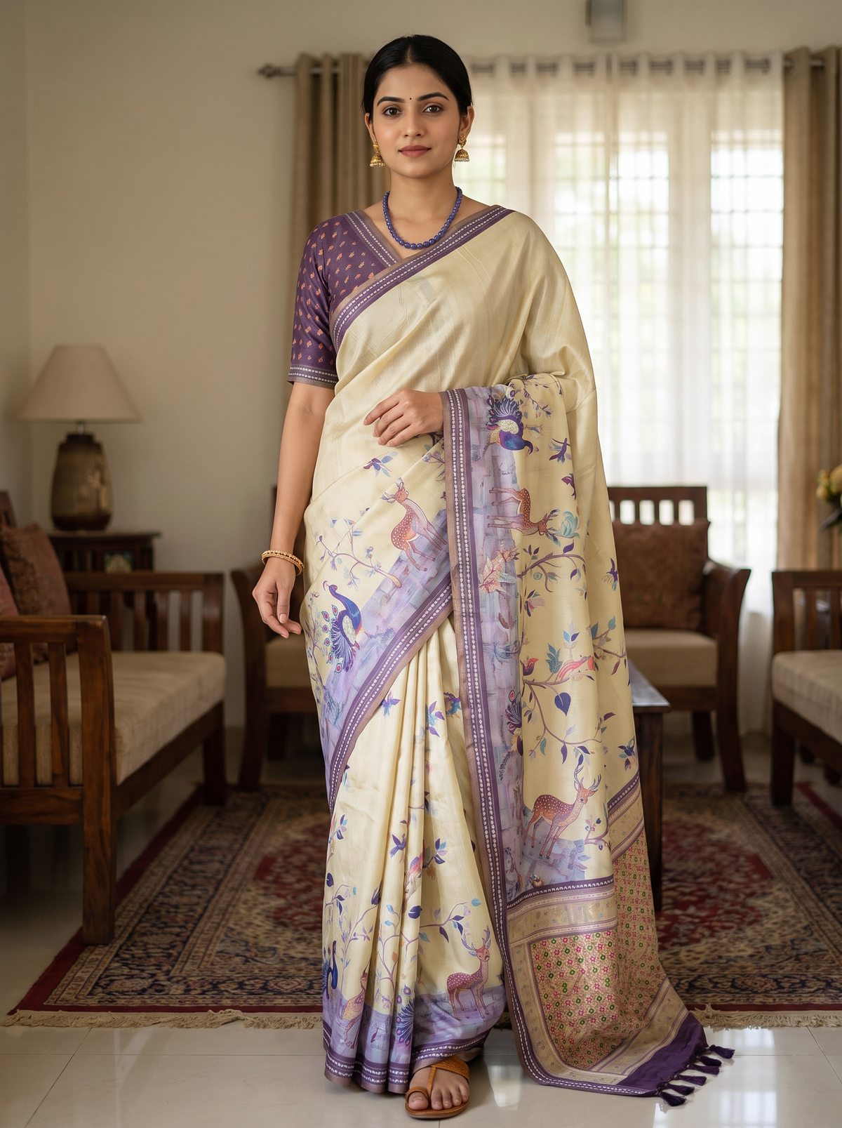 Pastel Yellow & Purple Peacock Printed Silk Saree