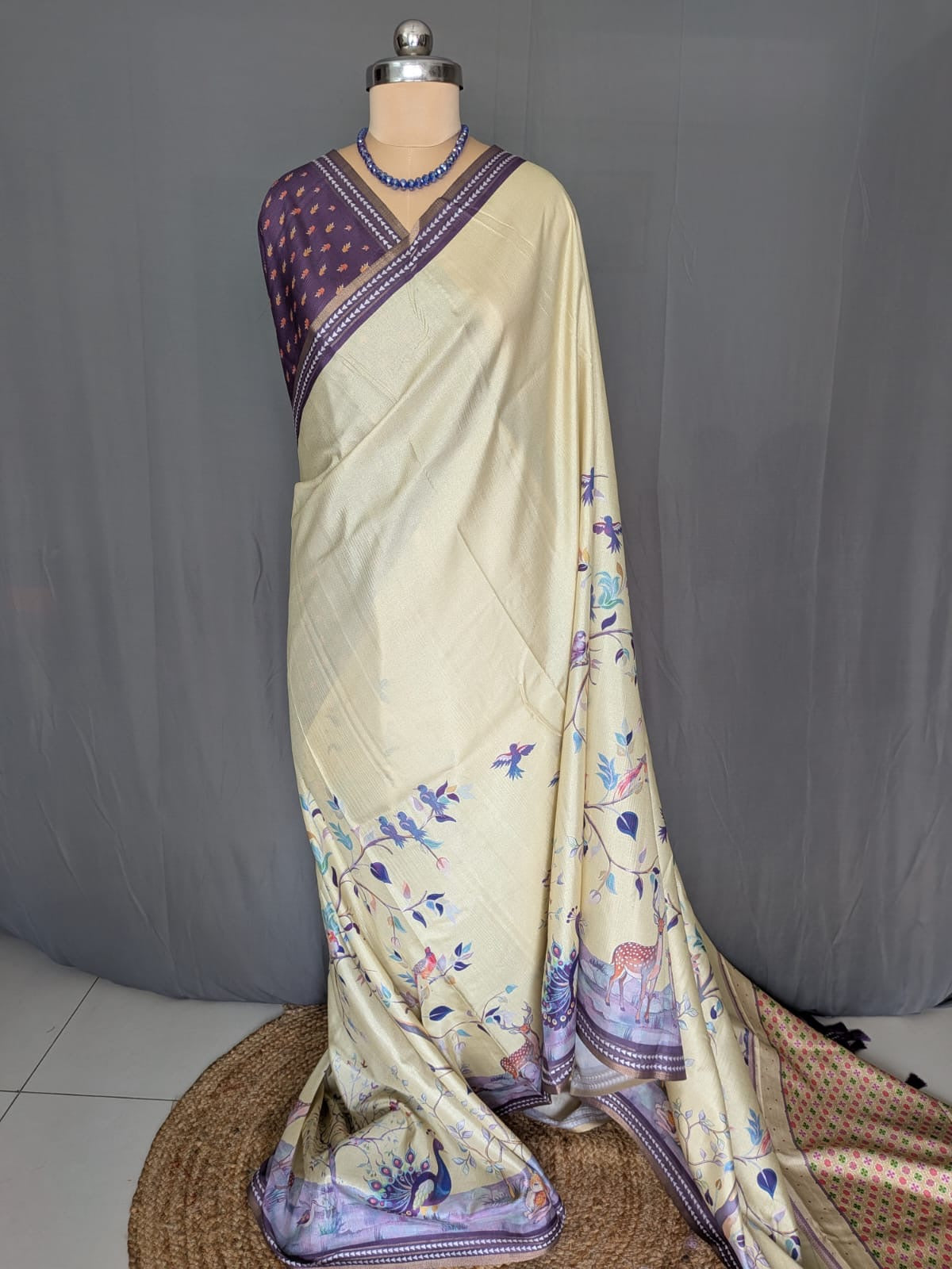 Pastel Yellow & Purple Peacock Printed Silk Saree