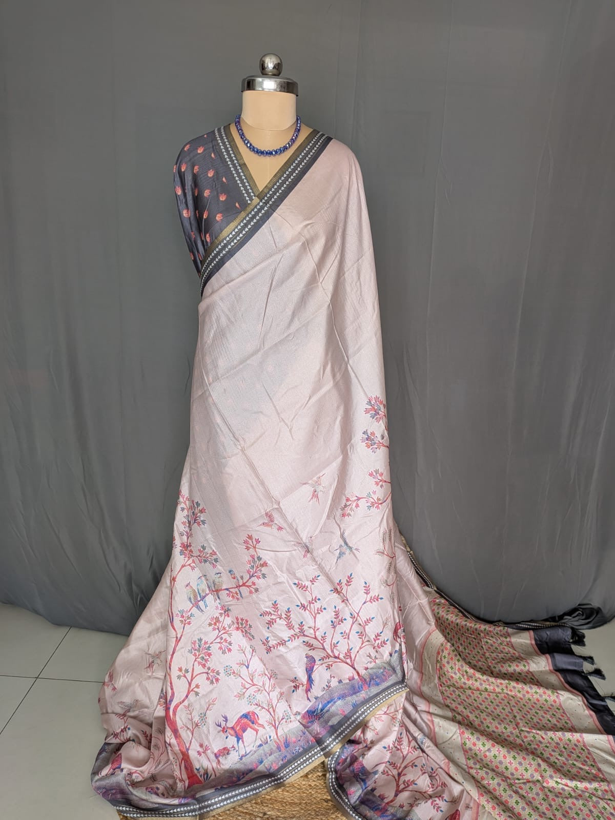 Blush Pink & Charcoal Grey Printed Saree
