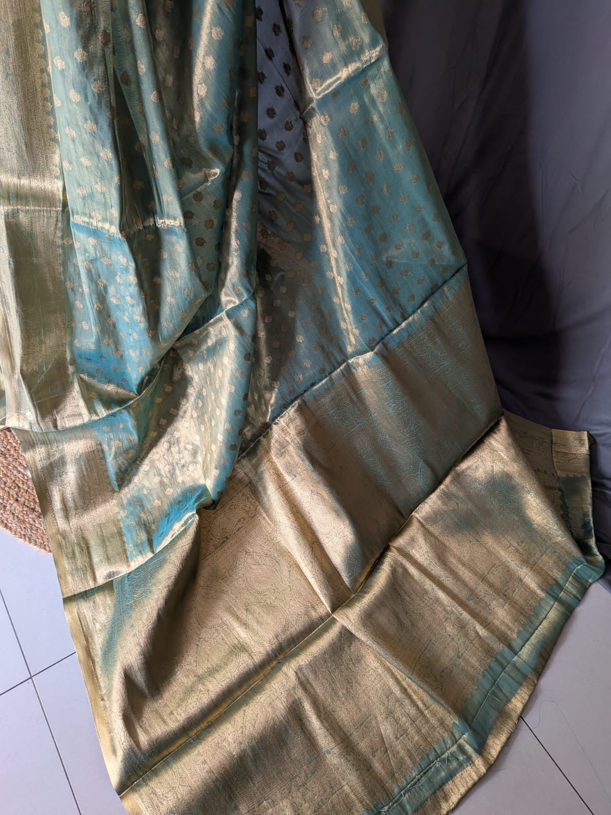 Teal Blue & Antique Gold Tissue Saree