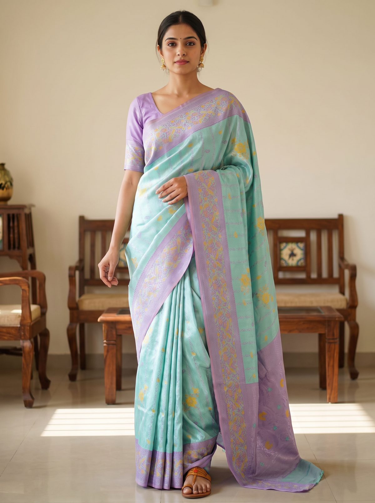 Mint Green & Lavender Floral Jacquard Saree