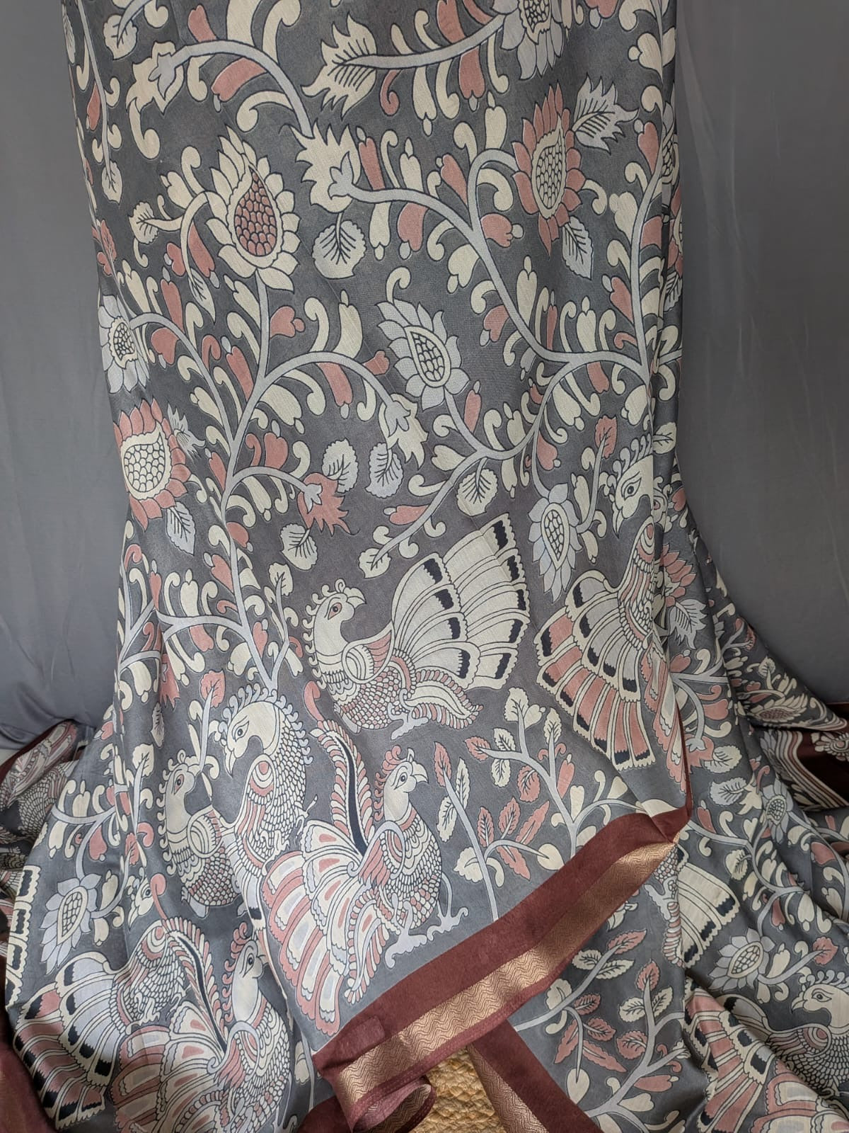 Grey & Maroon Kalamkari Saree