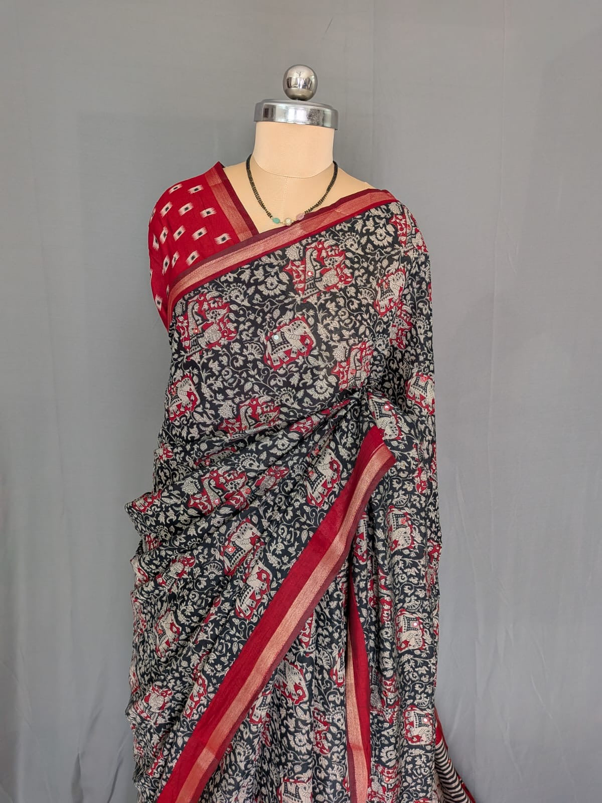 Black & Red Kalamkari Printed Mirror Saree