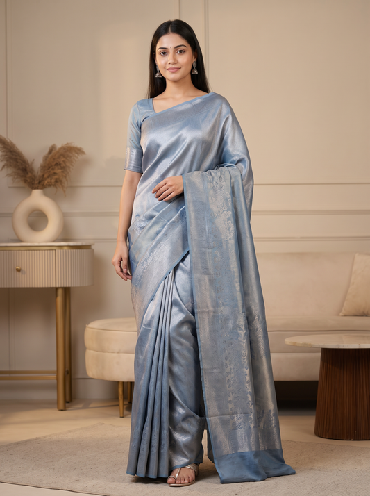 Ice Blue Silver Tissue Saree