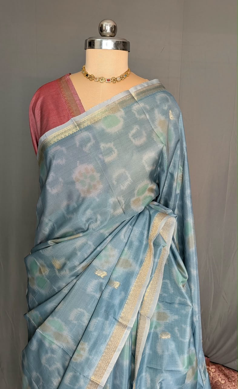 Powder Blue & Rose Gold Woven Silk Saree