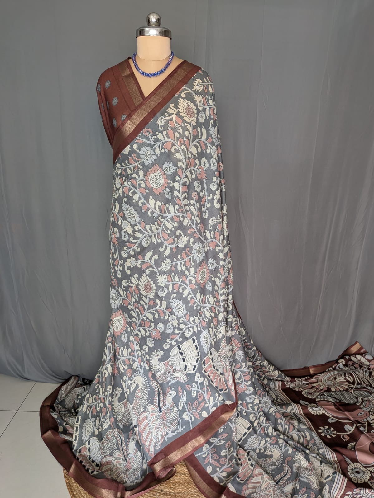 Grey & Maroon Kalamkari Saree