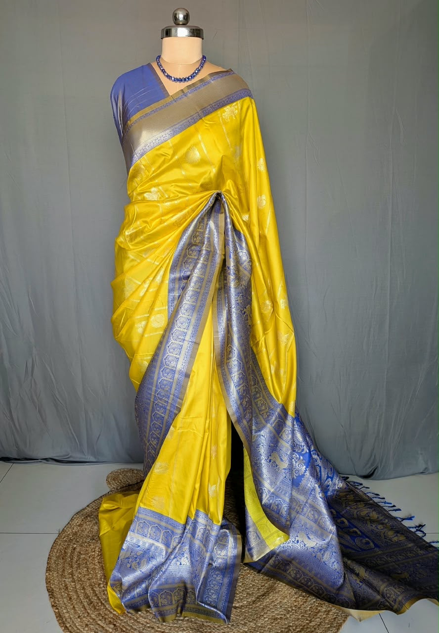 Mustard Yellow & Royal Blue Silk Saree