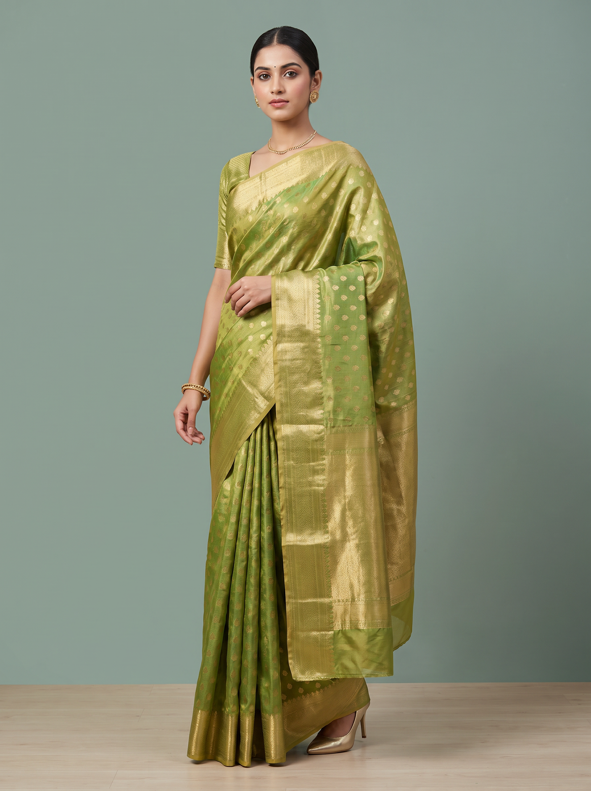 Green & Antique Gold Tissue Saree