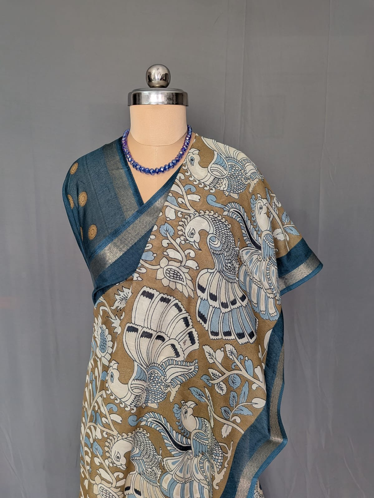 Beige & Teal Blue Kalamkari Saree
