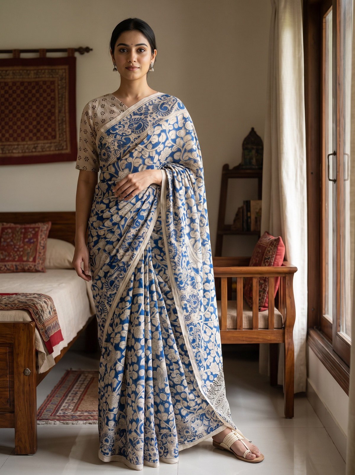Royal Blue & Beige Kalamkari Printed Saree