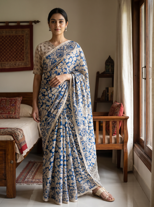 Royal Blue & Beige Kalamkari Printed Saree