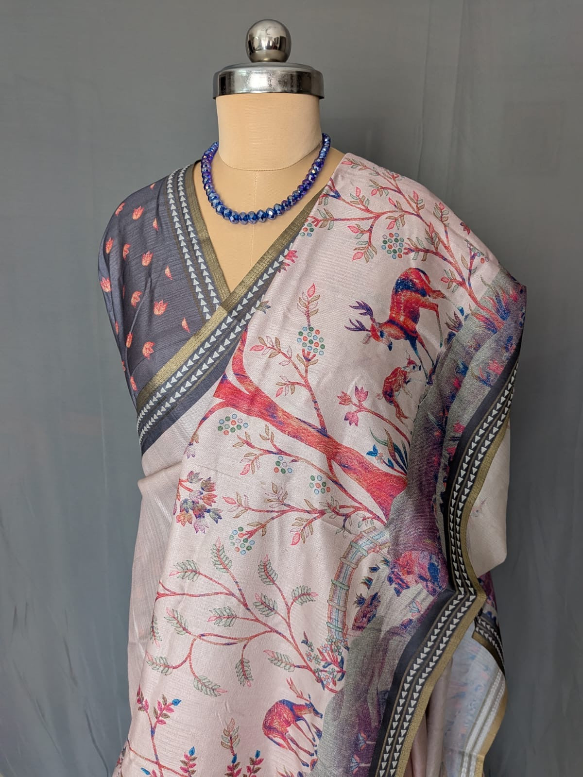 Blush Pink & Charcoal Grey Printed Saree