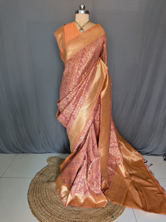 Peach Rose Zari Banarasi Saree