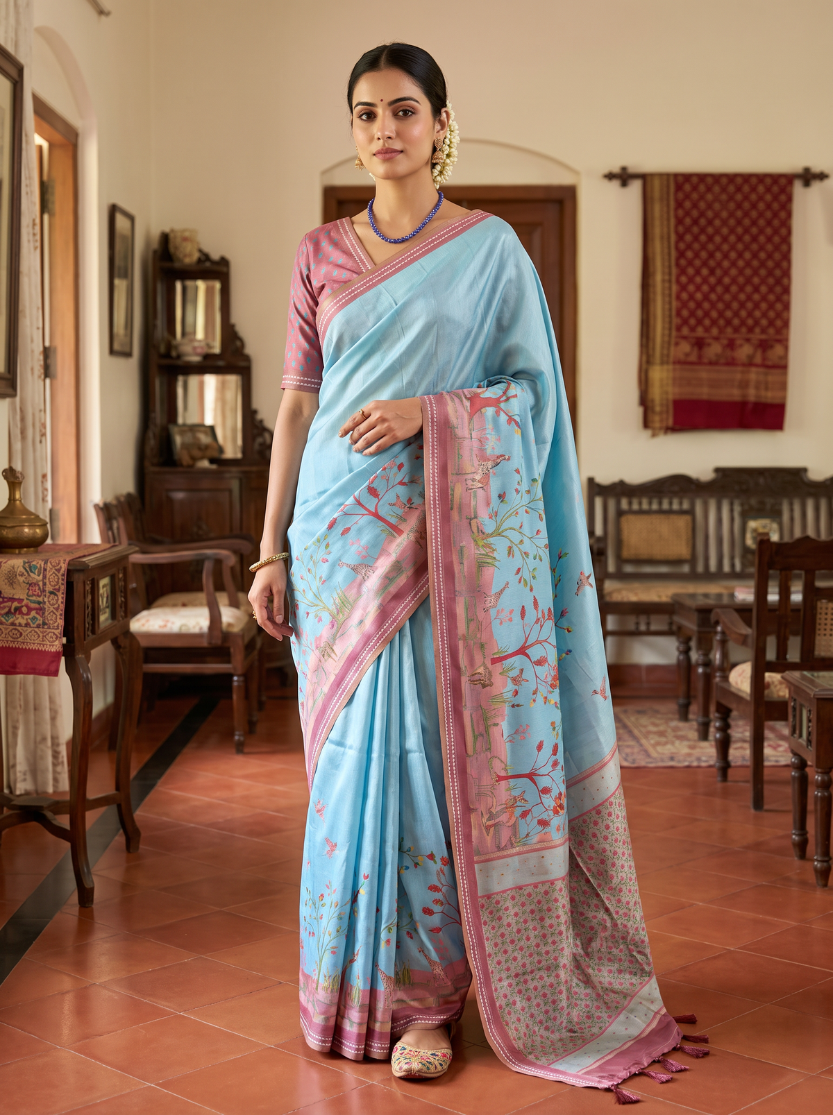 Sky Blue Floral & Bird Print Silk Saree