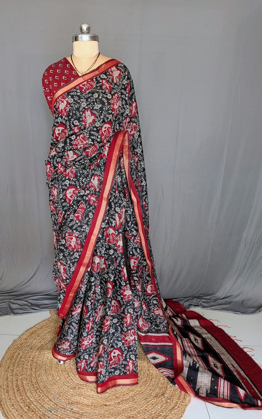 Black & Red Floral Kalamkari Mirror Saree