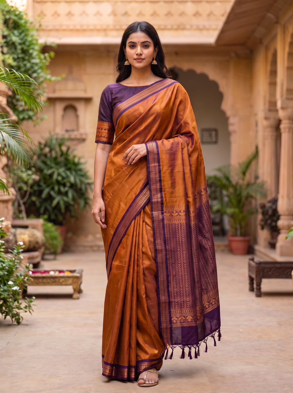 Small Border Uppada Silk Saree (Rust Orange)