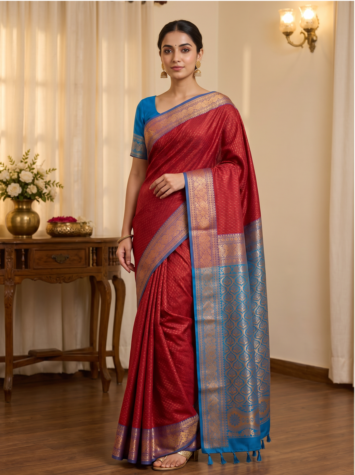Maroon & Peacock Blue Kanchipuram Silk Blend