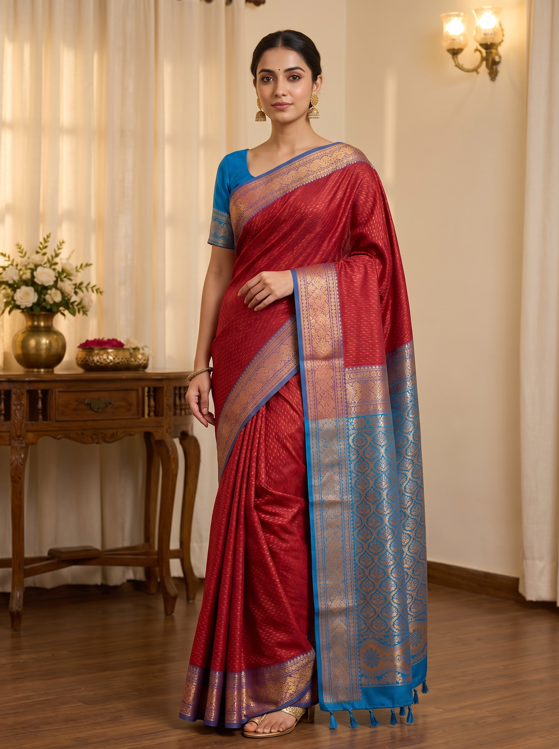 Maroon & Peacock Blue Kanchipuram Silk Blend