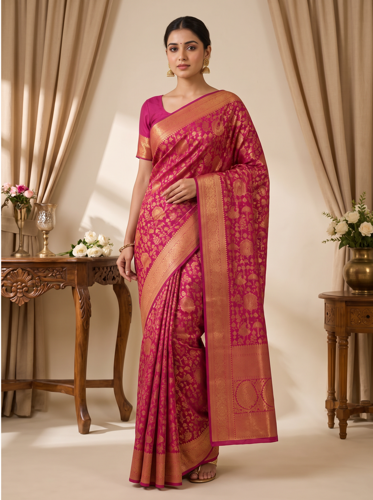 Regal Rangoli Zari Saree - Pink & Gold
