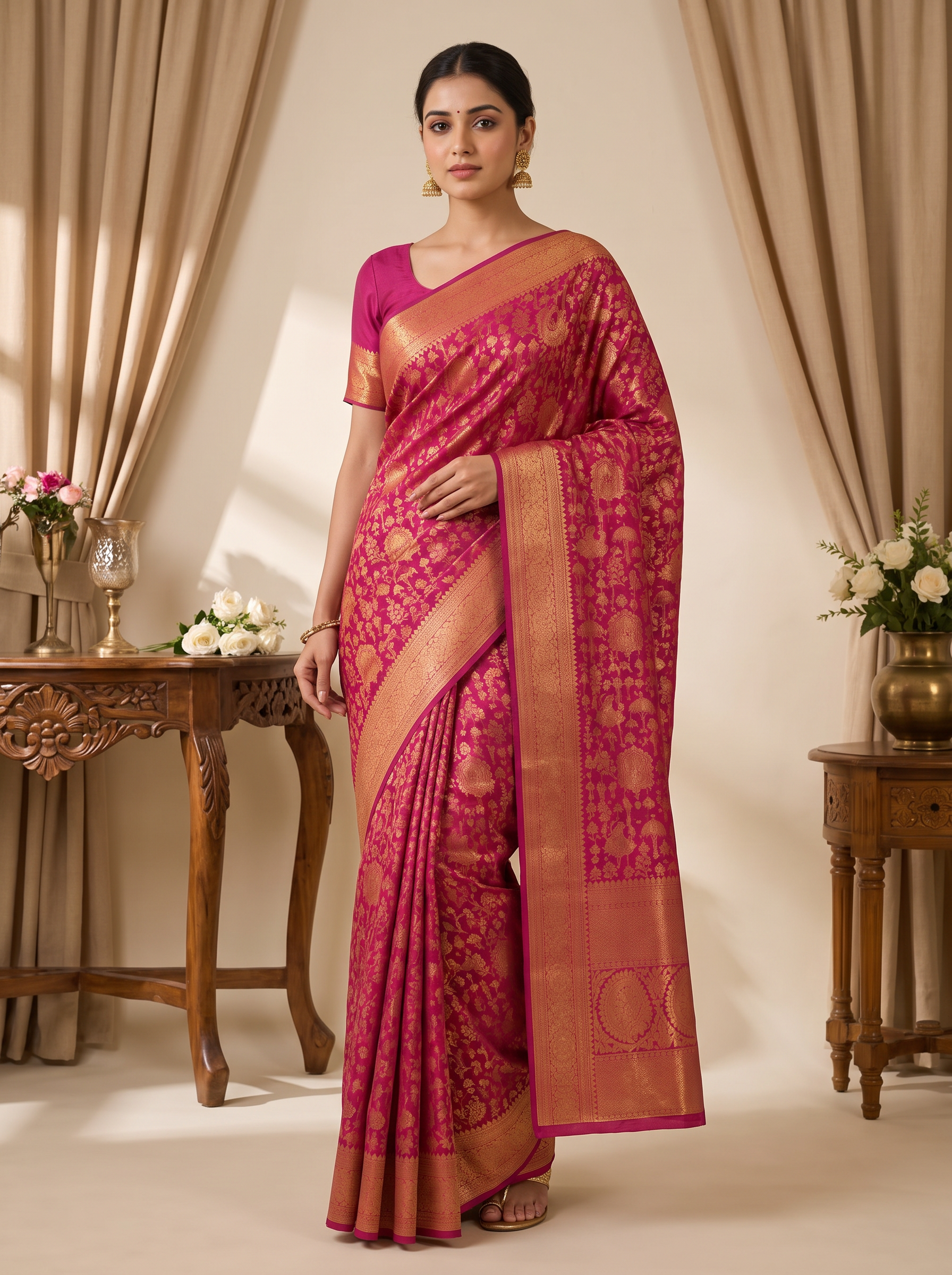 Regal Rangoli Zari Saree - Pink & Gold