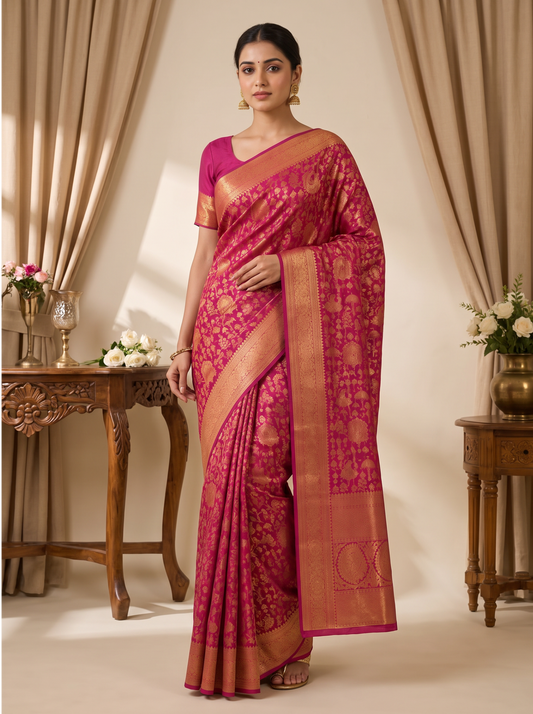 Regal Rangoli Zari Saree - Pink & Gold