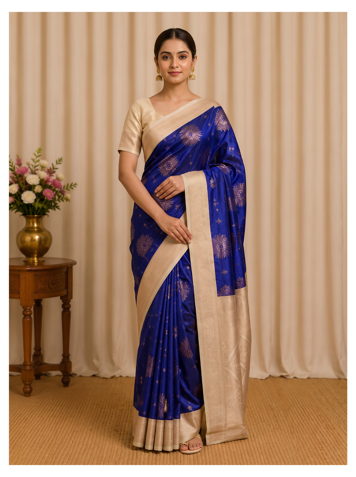 A woman models a royal blue silk saree with beige borders and motifs, paired with a matching beige blouse, standing in front of a beige curtain backdrop.