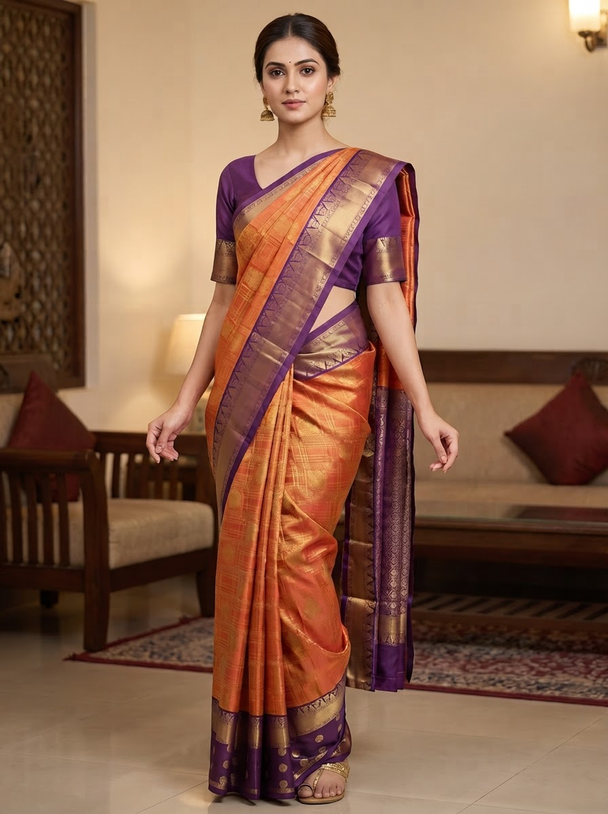 Sunset Glow Kanchi Silk Saree (Orange)