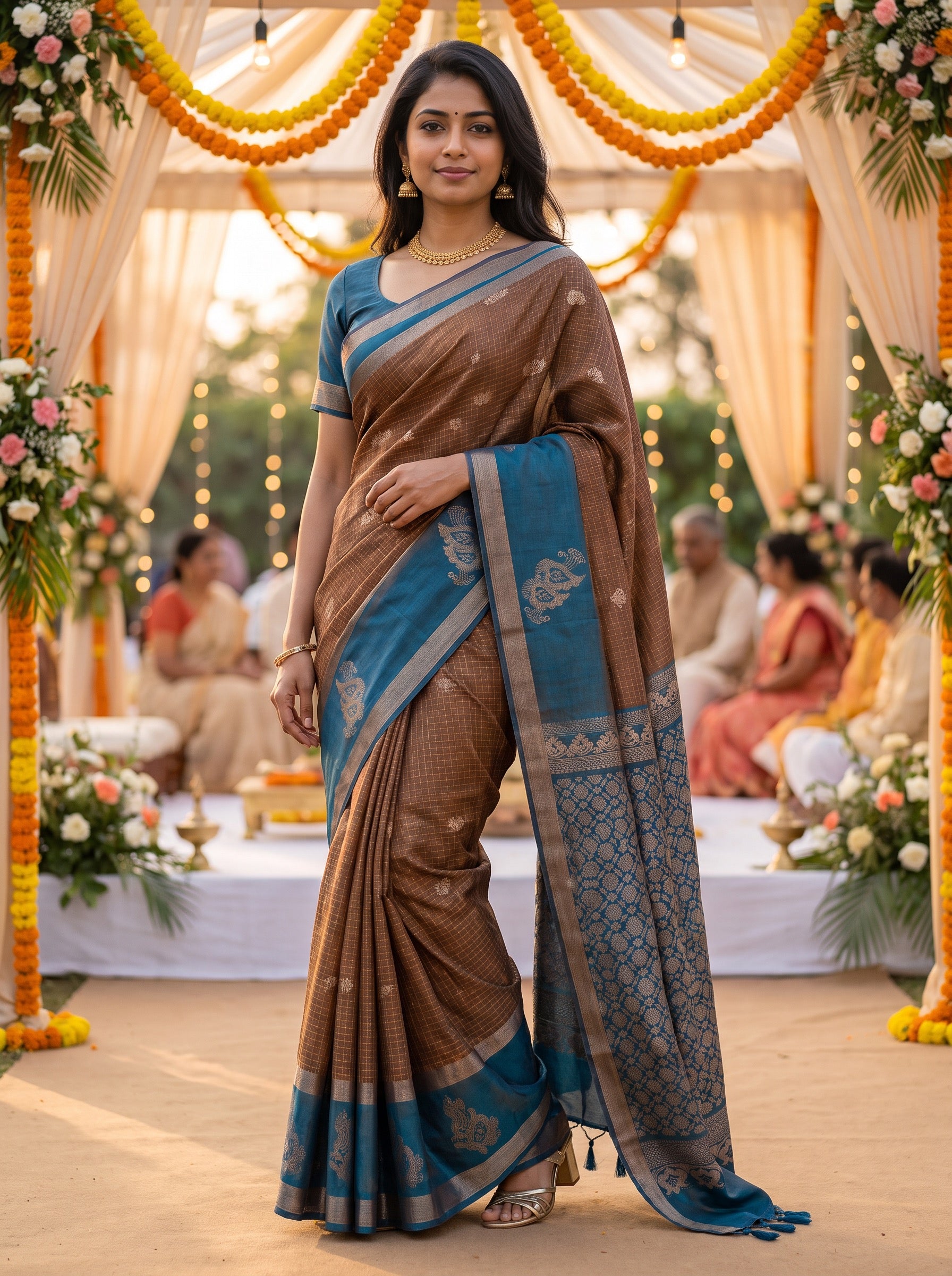 Rust & Peacock Teal Kanchipuram Silk Blend