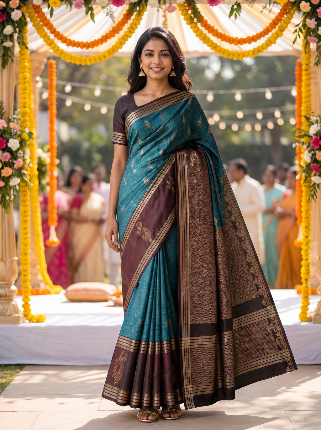 Teal & Coffee Kanchipuram Silk Blend