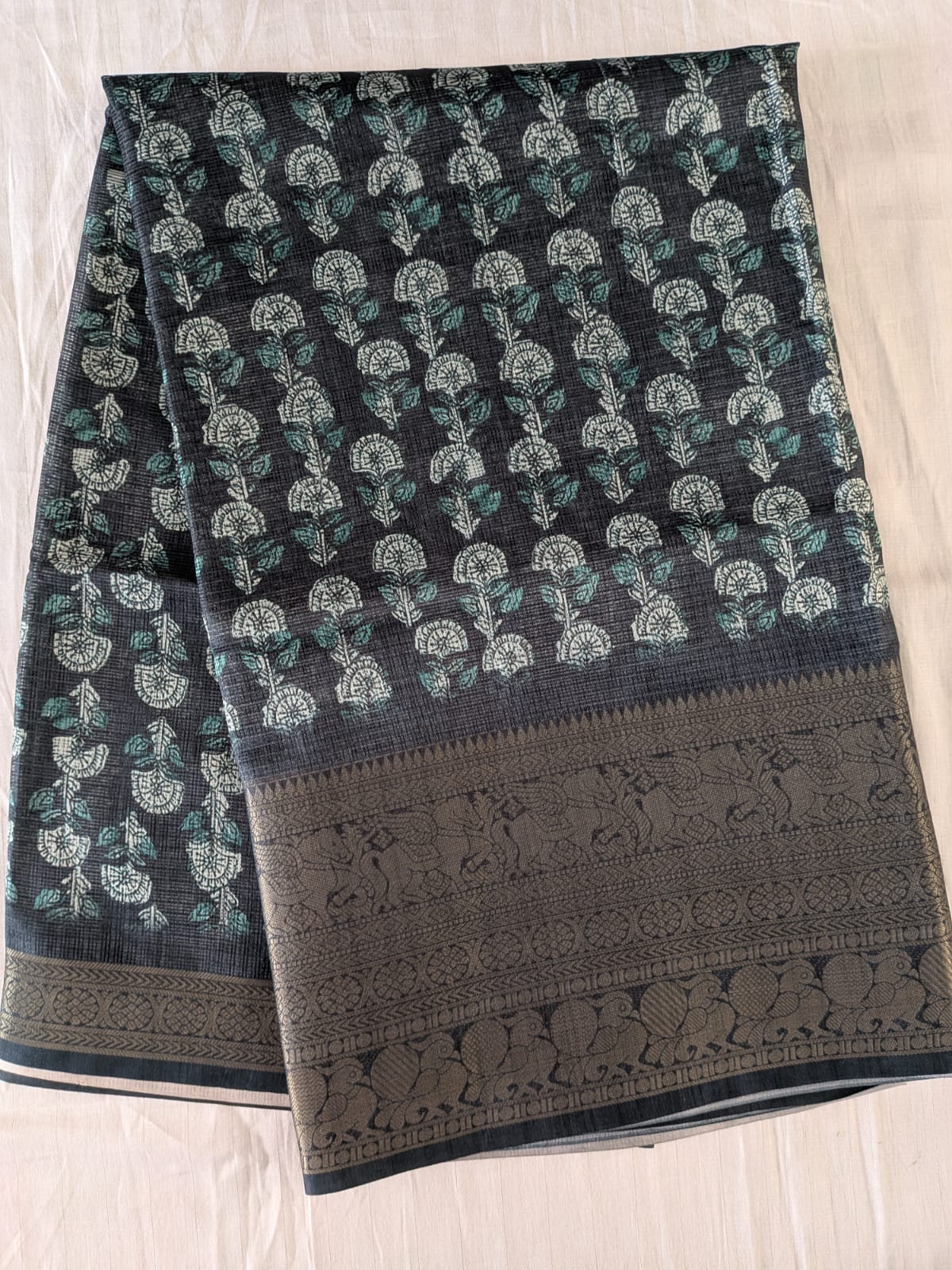 Midnight Charcoal Floral Kota Saree