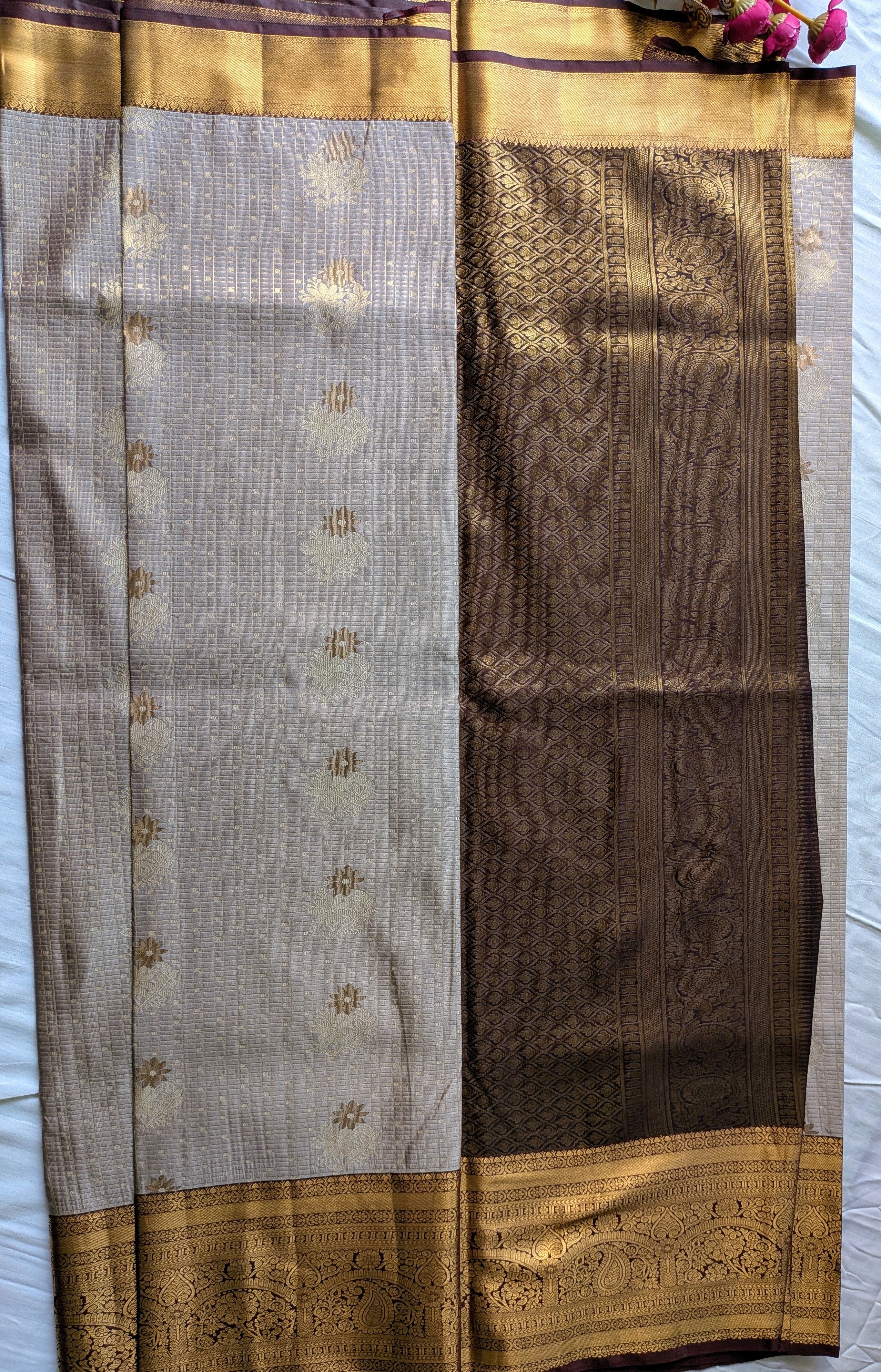 Silver Grey & Wine Kanchipuram Silk Blend