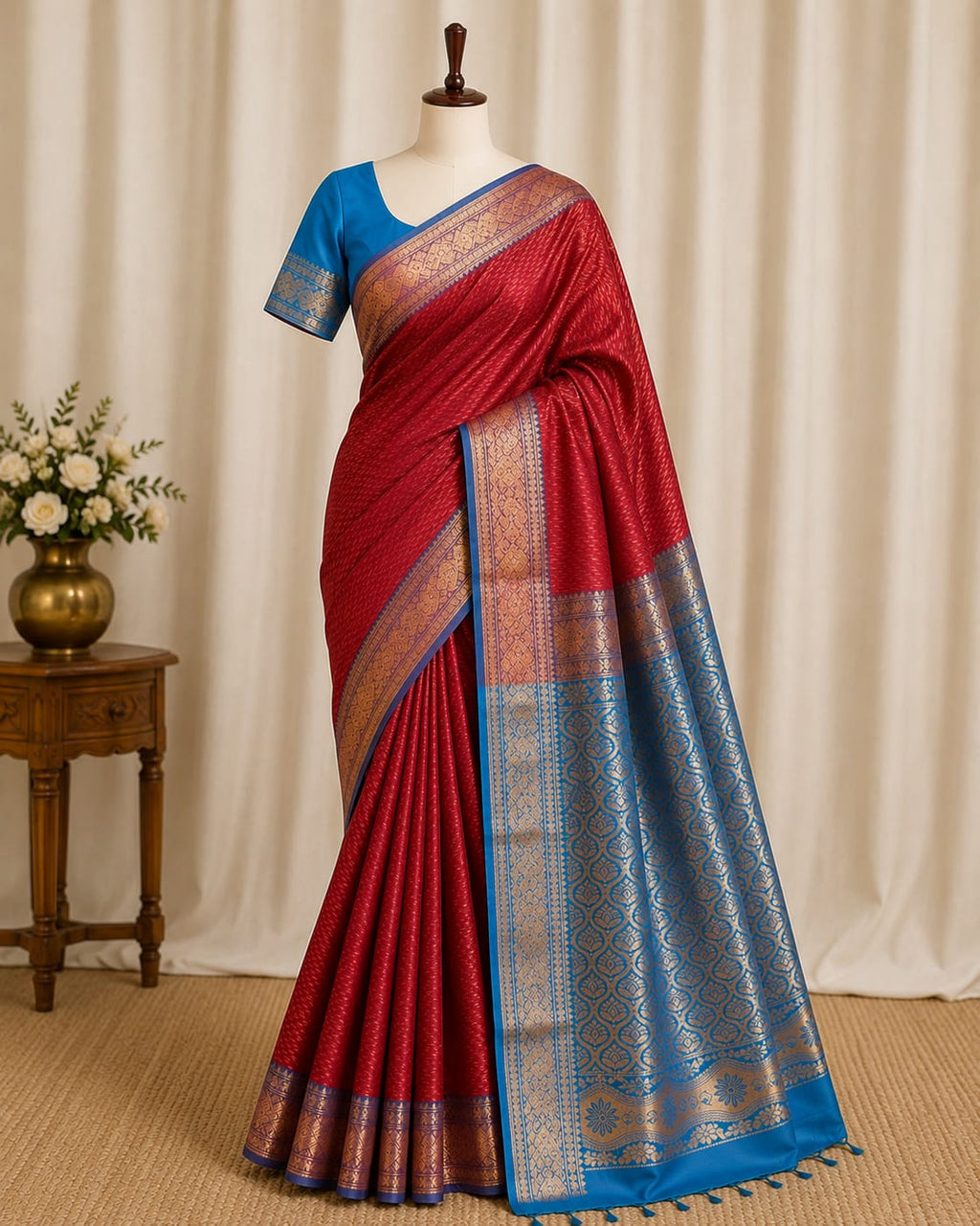 Maroon & Peacock Blue Kanchipuram Silk Blend