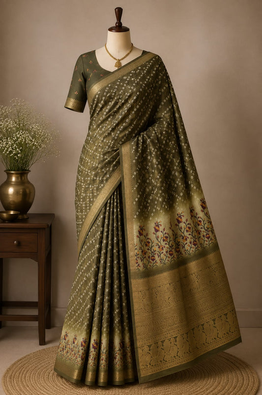 Olive Green Floral Kota Saree