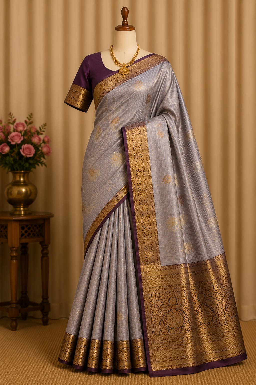 Silver Grey & Wine Kanchipuram Silk Blend