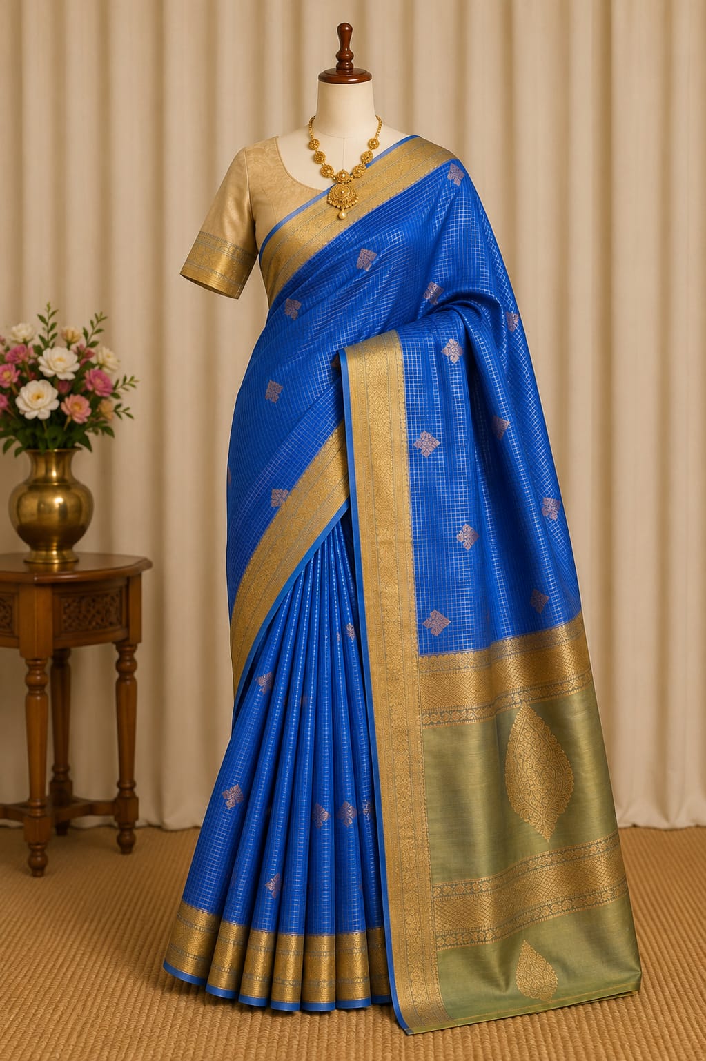 Azure Check Kanchipuram Silk Blend