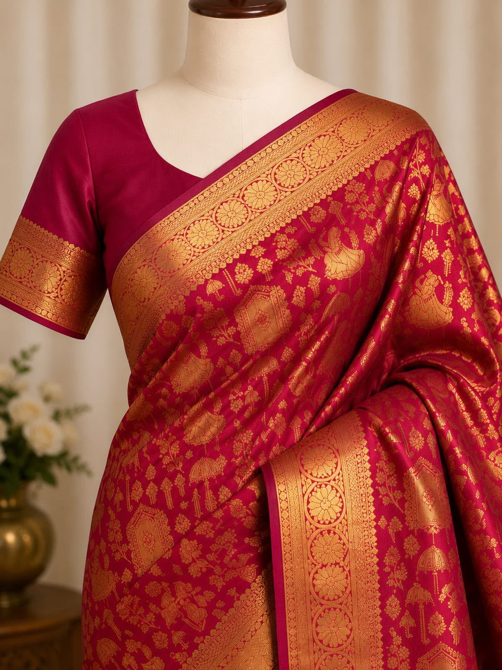 Regal Rangoli Zari Saree - Red & Gold
