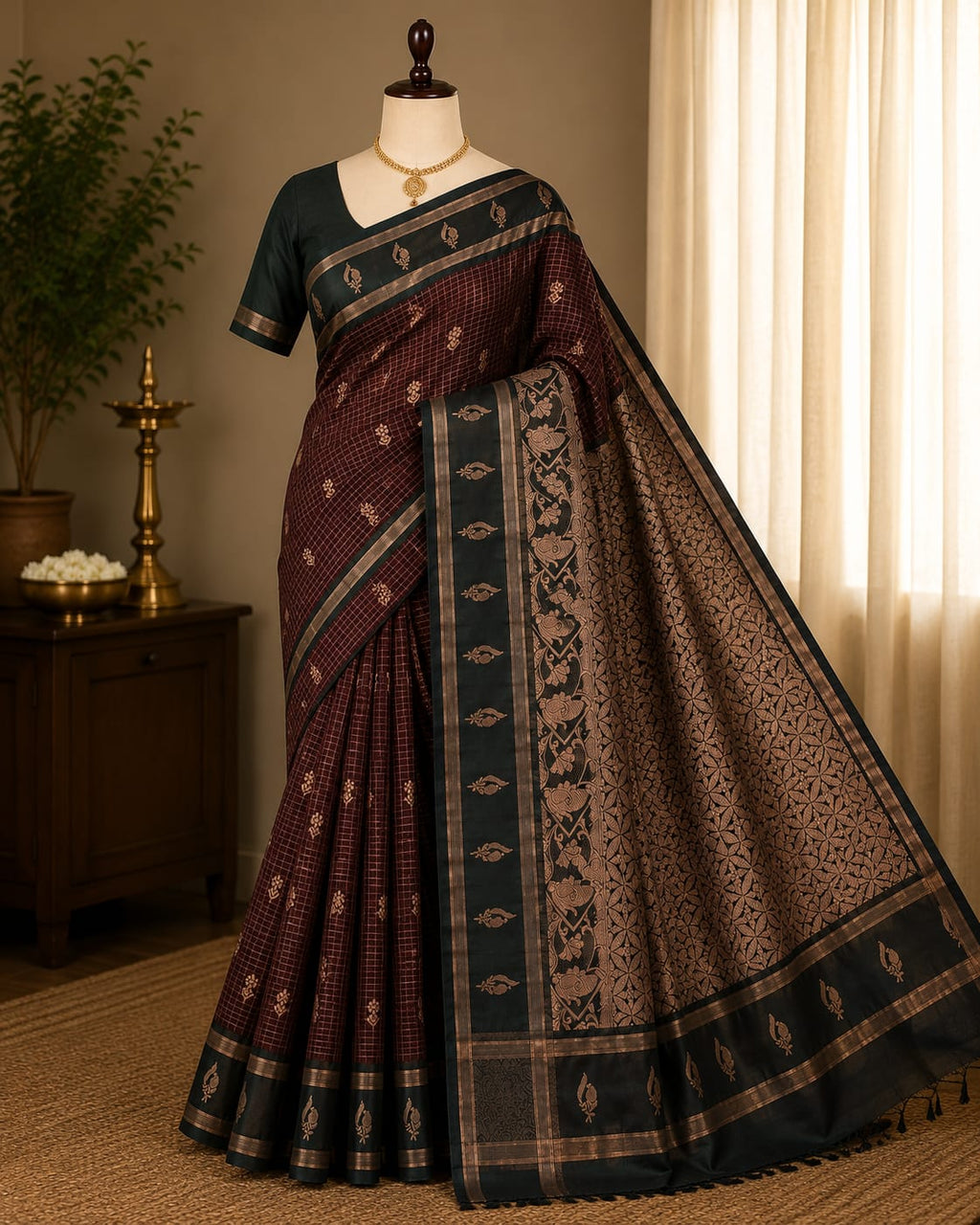 Royal Maroon & Green Kanchi Silk Saree