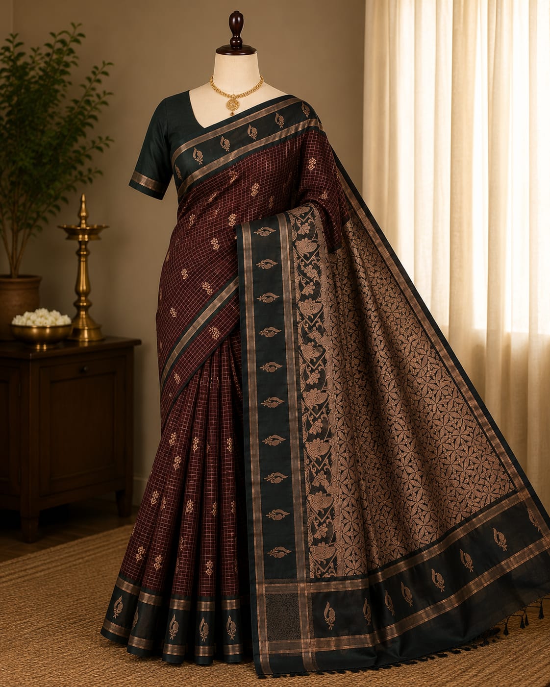 Royal Maroon & Green Kanchi Silk Saree