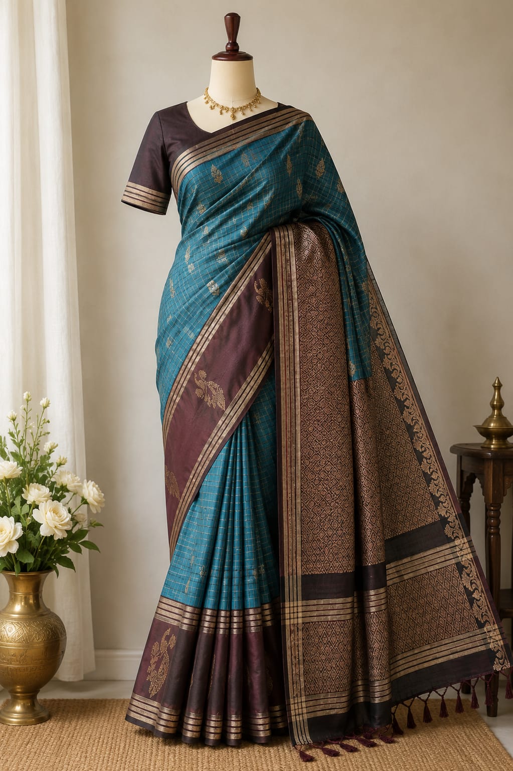 Teal & Coffee Kanchipuram Silk Blend