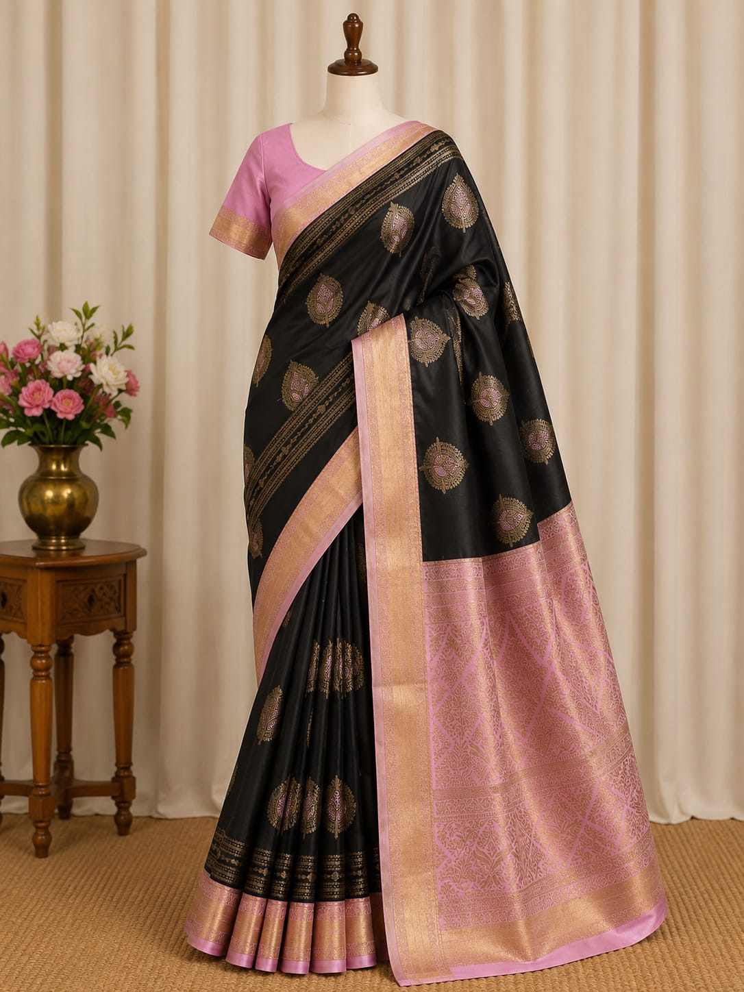 Black Paisley Border Saree